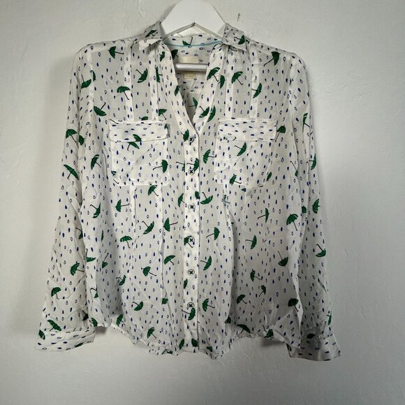 Maeve Womens White Green Umbrella Print Button-Up Long Sleeve Blouse Top Size 8 - Picture 1 of 8
